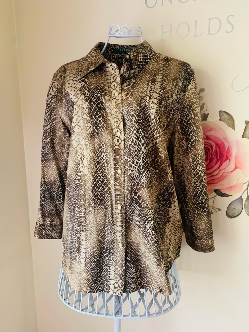 Lauren Ralph Lauren Snakeskin Print Cotton Blouse Large 3/4 Sleeve Button Front